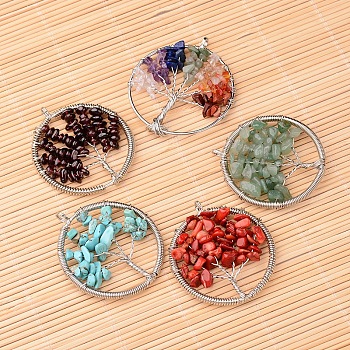 Natural & Synthetic Gemstone Big Pendants, with Platinum Plated Brass Findings, Flat Round with Tree of Life, 53~56x48~51x8mm, Hole: 4mm