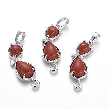 Natural Red Jasper Kitten Pendants, with Platinum Tone Brass Findings, Cat with Bowknot Shape, 35.5x12x6mm, Hole: 5x7mm
