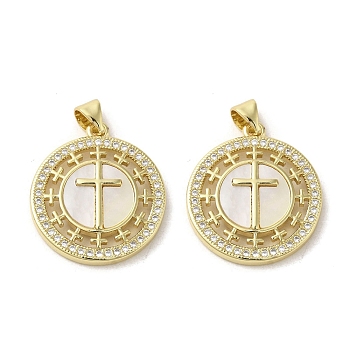 Brass Micro Pave Clear Cubic Zirconia Pendants, with Shell, Real 18K Gold Plated, Flat Round, Cross, 23.5x21x3mm, Hole: 3.5x5mm