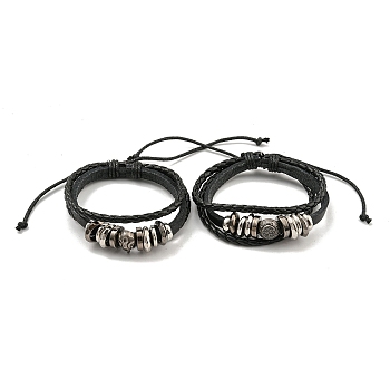 Braided PU Leather & Waxed Cords Triple Layer Multi-strand Bracelets, Alloy Beaded Bracelets, Antique Silver, Inner Diameter: 2-1/4~3-3/4 inch(5.7~9.5cm)