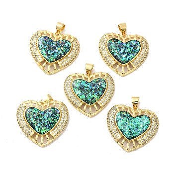 Rack Plating Brass Micro Pave Cubic Zirconia with Synthetic Opal Pendants, with Jump Ring, Lead Free & Cadmium Free, Long-Lasting Plated, Heart, Real 18K Gold Plated, 22x24x4.2mm, Hole: 5x3.6mm