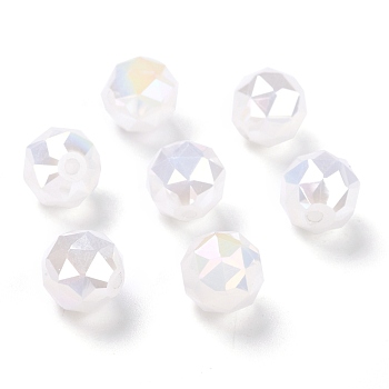Electroplate Opaque Glass Beads, Rainbow Plated, Faceted, Round, WhiteSmoke, 10x9.5mm, Hole: 1.4mm
