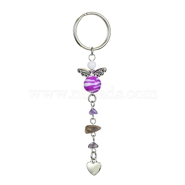 Gemstone Chip & Alloy Heart Pendant Keychain with Acrylic Beads(KEYC-JKC00538)-2