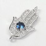 Hamsa Hand/Hand of Fatima/Hand of Miriam with Eye Brass Cubic Zirconia Links, Platinum, 24x12x4mm, Hole: 1.5mm(X-ZIRC-D083-P)