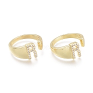 Brass Micro Pave Clear Cubic Zirconia Cuff Rings, Open Rings, Real 18K Gold Plated, Letter, Letter.R, Size 5, Inner Diameter: 16mm, R: 9.5x5mm(RJEW-F103-13R-G)