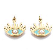 316 Surgical Stainless Steel Enamel Charms, with Jump Rings and ABS Plastic Imitation Pearl Bead, Real 14K Gold Plated, Eye, Pale Turquoise, 11x12x1mm, Jump Ring: 2.7x0.4m, 1.9mm inner diameter(STAS-S116-382B-G)