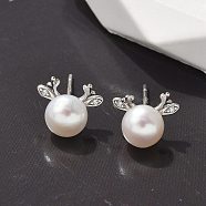 925 Sterling Silver Micro Pave Clear Cubic Zirconia Stud Earrings for Women, with ABS Imitation Pearl, Deer, Platinum, 8.5x10.5mm(EJEW-K303-02A-P)