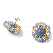 Natural Blue Aventurine & Seed Braided Flower Stud Earrings, 24mm(EJEW-MZ00076)
