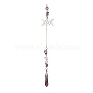 Natural Amethyst Pointed Dowsing Pendulums, with Stainless Steel Triple Moon & Pentagram, Bullet, 266mm(PALLOY-JF02009-03)