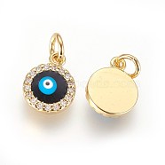 Brass Micro Pave Cubic Zirconia Charms, with Enamel and Jump Ring, Evil Eye, Golden, 11x9x3mm, Hole: 3mm(ZIRC-G150-13G)