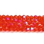 Transparent Electroplate Glass Beads Strands, AB Color Plated, Faceted, Bicone, Red, 4x4mm, Hole: 0.8mm, about 82~85pcs/strand, 30.5~31cm(GLAA-F029-4mm-D14)