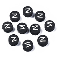 Handmade Polymer Clay Beads, Flat Round with Alphabet, Black, Letter.Z, 9x3.5~5mm, Hole: 1.6mm(CLAY-N011-031Z)