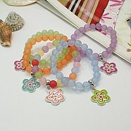 Charm Bracelets, Fashion Frosted Transparent Acrylic Bracelets for Kids, with Enameled Alloy Charms and Elastic Thread, Mixed Color, 45mm(BJEW-JB00627)