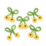 Glass Beaded Pendants, with Copper Wire, Bowknot with Flower Charms, Yellow, 25~27x25~28x5~5.5mm, Hole: 5.5x7.5mm(GLAA-C028-08E)