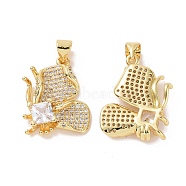 Brass Micro Pave Cubic Zirconia Pendants, Butterfly Charm, Real 18K Gold Plated, Clear, 22x16x4mm, Hole: 3.5x4mm(ZIRC-I063-30A)