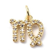 Brass Micro Pave Cubic Zirconia Charms, Constellation Charm, with Jump Rings, Real 18K Gold Plated, Virgo, 11x11x1.5mm, Hole: 3.4mm(ZIRC-F131-16G-01)