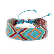 Cotton Braided Rhombus Cord Bracelet with Wax Ropes, Ethnic Tribal Adjustable Bracelet for Women, Turquoise, 7-1/8 inch(18cm)(PW-WG62422-07)