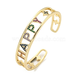 Word Happy Brass Micro Pave Colorful Cubic Zirconia Open Cuff Bangles for Women, Real 18K Gold Plated, Inner Diameter: 2-1/8 x 2-3/8 inch(5.4x6.15cm), 12.5mm(BJEW-Z062-21G)