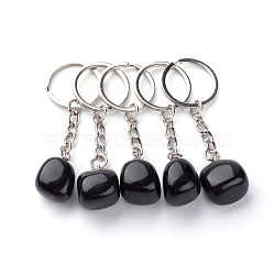 Natural Obsidian Keychain, with Iron Findings, Platinum, 85~94mm(X-G-Q484-D03)