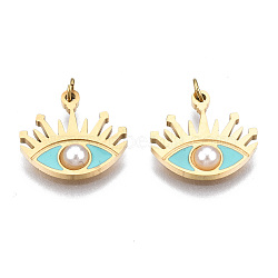 316 Surgical Stainless Steel Enamel Charms, with Jump Rings and ABS Plastic Imitation Pearl Bead, Real 14K Gold Plated, Eye, Pale Turquoise, 11x12x1mm, Jump Ring: 2.7x0.4m, 1.9mm inner diameter(STAS-S116-382B-G)