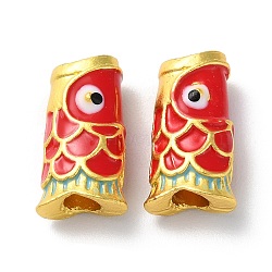 Rack Plating Alloy Enamel Beads, Cadmium Free & Lead Free, Fish, Matte Gold Color, Red, 16.5x9x6mm, Hole: 3.5mm(PALLOY-F303-06MG)