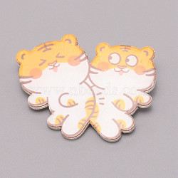 Double Tiger Chinese Zodiac Acrylic Brooch, Lapel Pin for Chinese Tiger New Year Gift, White, Orange, 32x41x7mm(JEWB-WH0022-13)