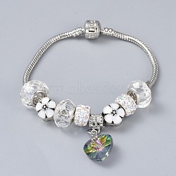 Brass European Bracelets, with Glass, Polymer Clay Rhinestone Beads, Alloy Enamel Beads and Heart Electroplated Glass Pendants, Packing Box, White, 7-5/8 inch(19.3cm), 3mm(BJEW-JB04433)