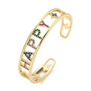 Word Happy Brass Micro Pave Colorful Cubic Zirconia Open Cuff Bangles for Women, Real 18K Gold Plated, Inner Diameter: 2-1/8 x 2-3/8 inch(5.4x6.15cm), 12.5mm