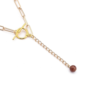 Lariat Necklaces, with Round Natural Strawberry Quartz Beads, Brass Toggle Clasps, Iron Paperclip Chains and Cardboard Box, Golden, 16.33~16.53 inch(41.5~42cm)
