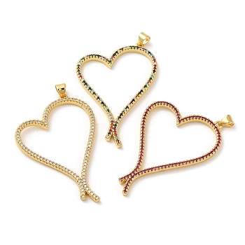 Brass Pendants, with Cubic Zirconia, Lead Free & Cadmium Free, Heart Charms, Real 18K Gold Plated, Mixed Color, 51x33.5x3mm, Hole: 5.4x3.5mm