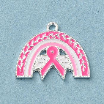 Breast Cancer Pink Awareness Ribbon Theme Alloy Enamel Pendants, Silver, Rainbow, 17.5x21.5x1.5mm, Hole: 1.5mm