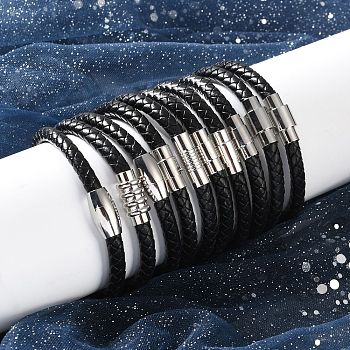 Mixed Braided Leather Cord Bracelets, with 304 Stainless Steel Magnetic Clasps, Black, 200x6mm