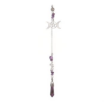 Natural Amethyst Pointed Dowsing Pendulums, with Stainless Steel Triple Moon & Pentagram, Bullet, 266mm