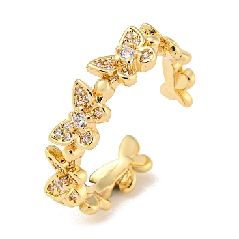 Brass with Cubic Zirconia Open Cuff Rings, Butterfly, Golden, US Size 8 1/4(18.3mm)