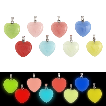 16Pcs 8 Colors Synthetic Luminous Stone Pendants, Heart Charms, with Platinum Tone Alloy Findings, Mixed Color, 22x20x5.5mm, Hole: 5.5x3.5mm, 2pcs/color