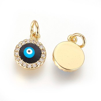 Brass Micro Pave Cubic Zirconia Charms, with Enamel and Jump Ring, Evil Eye, Golden, 11x9x3mm, Hole: 3mm