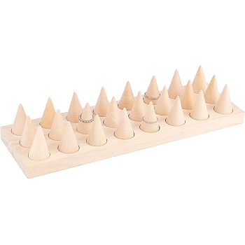 Wood Finger Ring Stand, Rectangle with 24 Cone Ring Organizers, for Showcase Jewelry Display, Tan, 30x9.4x5.3cm