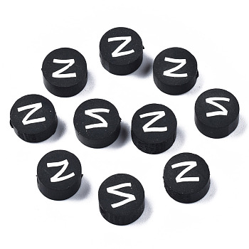 Handmade Polymer Clay Beads, Flat Round with Alphabet, Black, Letter.Z, 9x3.5~5mm, Hole: 1.6mm