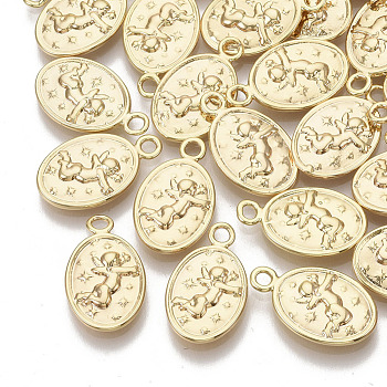 Brass Pendants, Nickel Free, Oval with Cupid/Cherub, For Valentine's Day, Real 18K Gold Plated, 17x10x2mm, Hole: 1.8mm