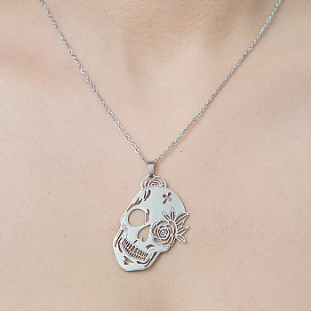 201 Stainless Steel Hollow Skull Pendant Necklace, Stainless Steel Color, 17.72 inch(45cm)