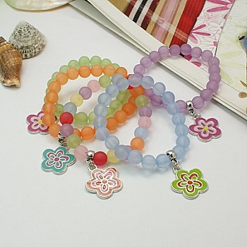 Charm Bracelets, Fashion Frosted Transparent Acrylic Bracelets for Kids, with Enameled Alloy Charms and Elastic Thread, Mixed Color, 45mm