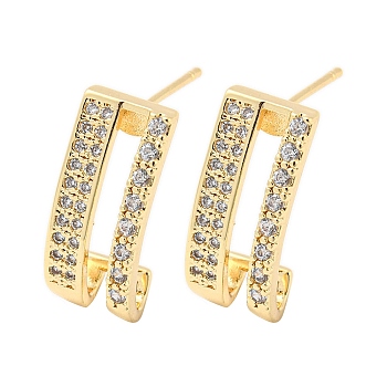 Brass with Clear Cubic Zirconia Stud Earrings, Twist Hollow Rectangle, Light Gold, 18.5x8mm