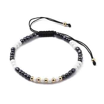 Adjustable Nylon Cord Braided Bead Bracelets, with Glass Seed Beads and Brass Beads, Black, Inner Diameter: 2-3/8~3-3/4 inch(5.9~9.4cm)