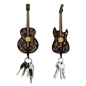 Wooden & Zinc Alloy Hook Hangers, Wall Mounted Key Hooks, for Music Lover, Guitar, Black, 140x50~60x7mm, 2 style, 1pc/style, 2pcs/set
