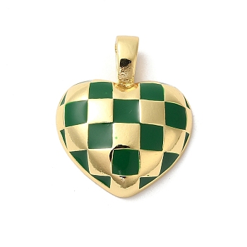 Rack Plating Brass Enamel Pendants, Long-Lasting Plated, Cadmium Free & Lead Free, Heart with Tartan Pattern Charm, Real 18K Gold Plated, Green, 20x17x5mm, Hole: 4x2mm