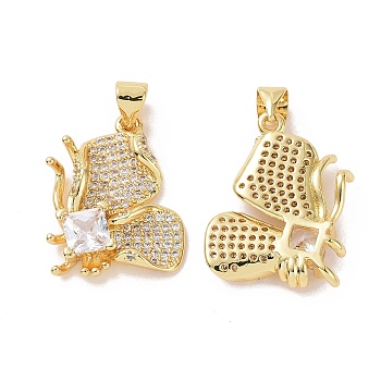 Brass Micro Pave Cubic Zirconia Pendants, Butterfly Charm, Real 18K Gold Plated, Clear, 22x16x4mm, Hole: 3.5x4mm