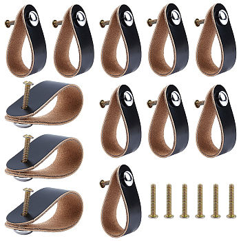 Nbeads 12 Sets PU Leather Door Handles, for Cabinet Door Straps Replacement Accessories, Black, 141x24.5x2.5~8.5mm, Hole: 3.5~5mm, 24x7.5mm, 12set/bag