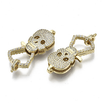 Brass Micro Pave Clear Cubic Zirconia Lobster Claw Clasps, with Bail Beads/Tube Bails, Nickel Free, Skull, Real 16K Gold Plated, 36.5x17x7mm, Hole: 2.5mm