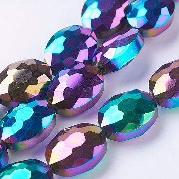 Electroplate Glass Beads Strands, Full Plated, FAceted Oval, Multi-color Plated, 16x12x7mm, Hole: 1mm, about 50pcs/strand, 25.1 inch 