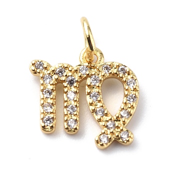 Brass Micro Pave Cubic Zirconia Charms, Constellation Charm, with Jump Rings, Real 18K Gold Plated, Virgo, 11x11x1.5mm, Hole: 3.4mm